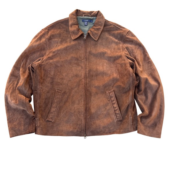 J. Crew Mens Brown Suede Leather Harrington Jacket Full Zip XL Vintage Brown